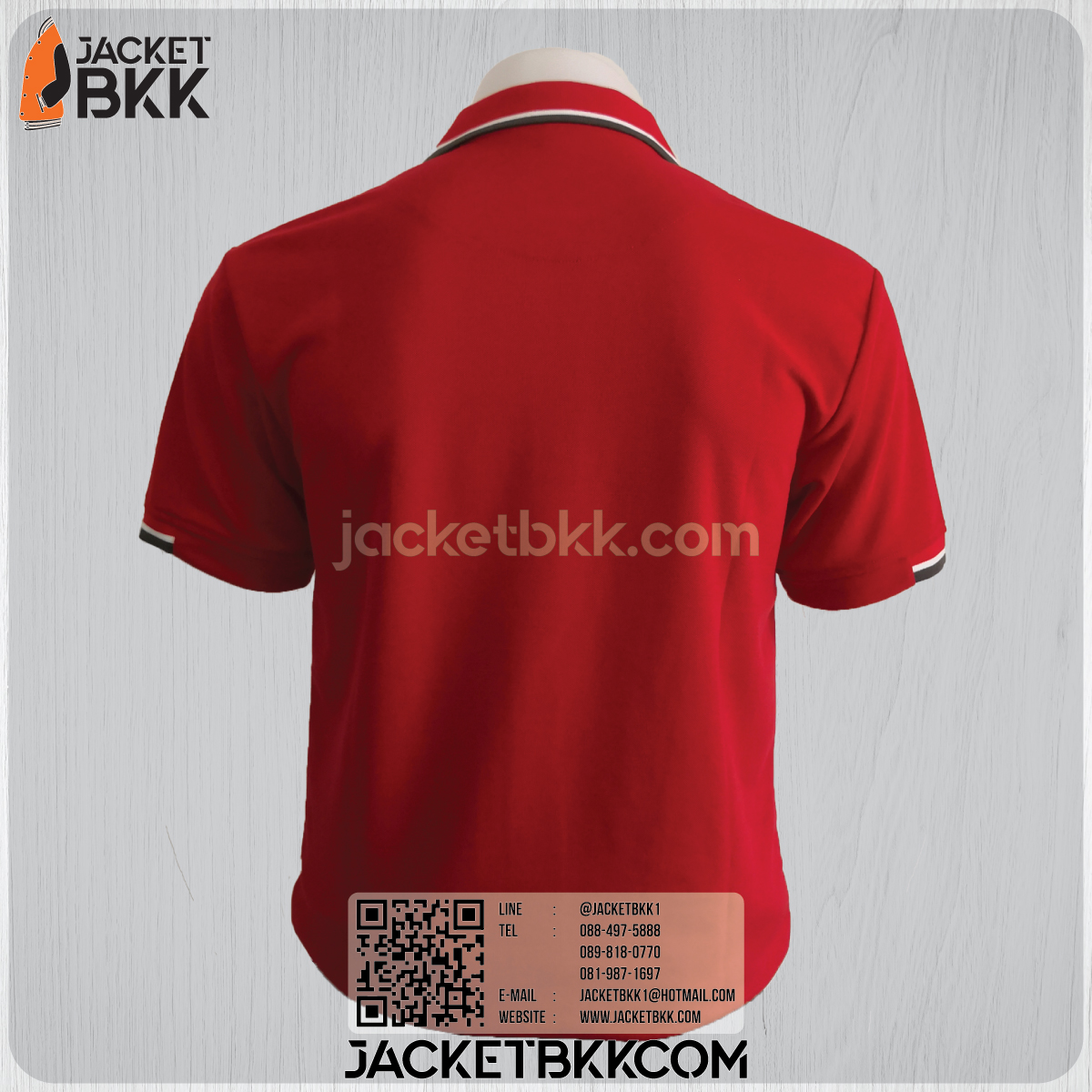 ขายส่ง เสื้อโปโลสำเร็จรูป สีแดง ปกขลิปขาวน้ำตาล โบ๊เบ๊
