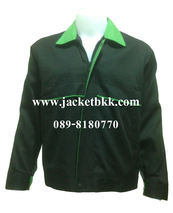 เสื้อแจ๊คเก็ต ตัดต่อแบบ A สีดำปกสีเขียว ผ้าคอมทวิว
