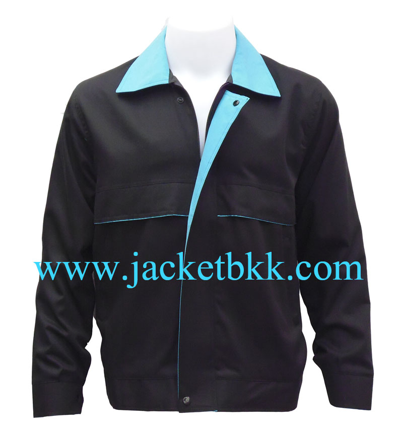 เสื้อแจ๊คเก็ต ตัดต่อแบบ A สีดำปกสีฟ้า ผ้าคอมทวิว