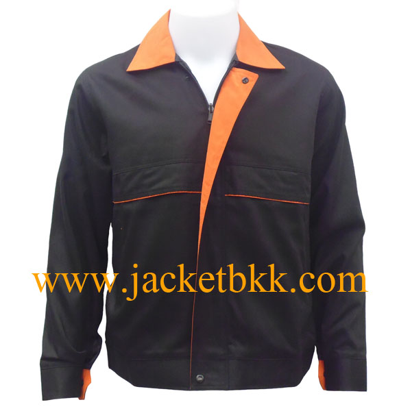 เสื้อแจ๊คเก็ต ตัดต่อแบบ A สีดำปกสีส้ม ผ้าคอมทวิว