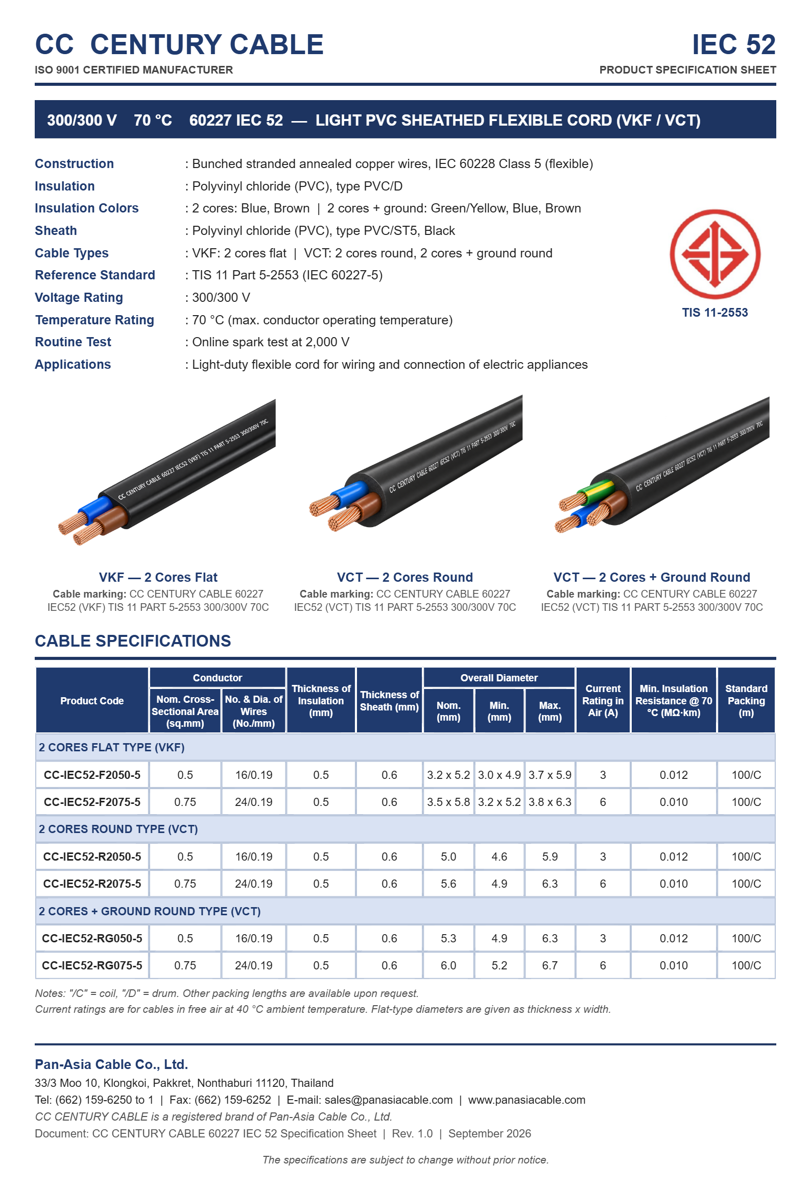 CC CENTURY CABLE 60227 IEC 52 (VKF / VCT) Product Specification Sheet