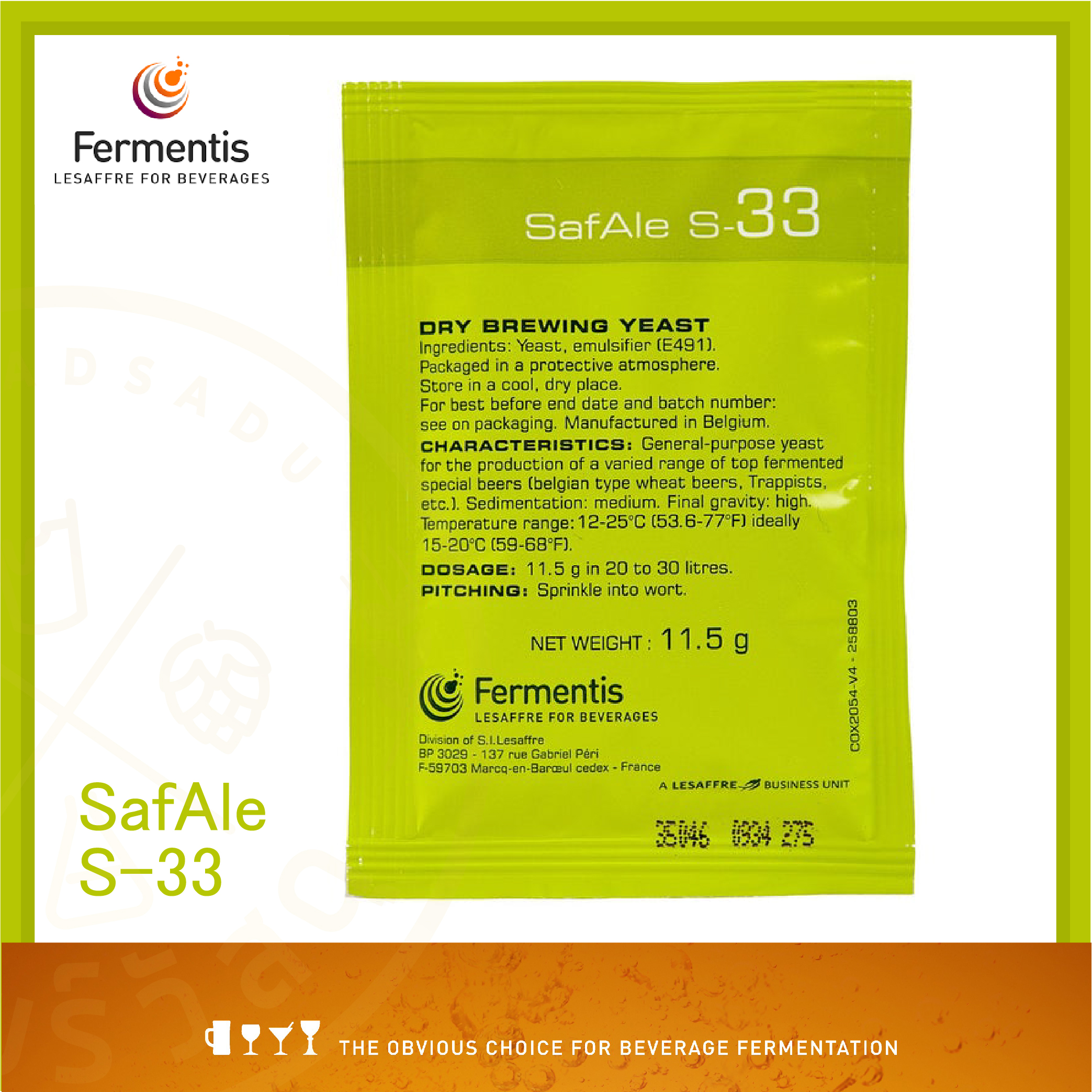 ยีสต์แห้ง Fermentis S-33 Safbrew Dry Yeast (11.5 g)