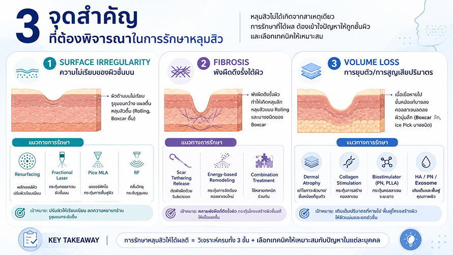 3 จุดสำคัญที่ต้องพิจารณาในการรักษาหลุมสิว: Surface Irregularity, Fibrosis และ Volume Loss 3 จุดสำคัญที่ต้องพิจารณาในการรักษาหลุมสิว: Surface Irregularity, Fibrosis และ Volume Loss