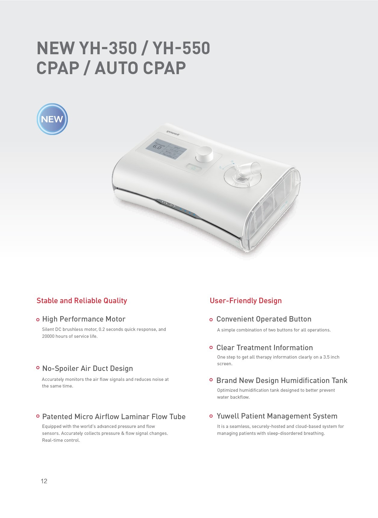 สเปคเครื่องช่วยหายใจชนิดแรงดันบวกต่อเนื่อง แบบปรับแรงดันอัตโนมัติ (Auto CPAP) ยี่ห้อ Yuwell รุ่น YH-550