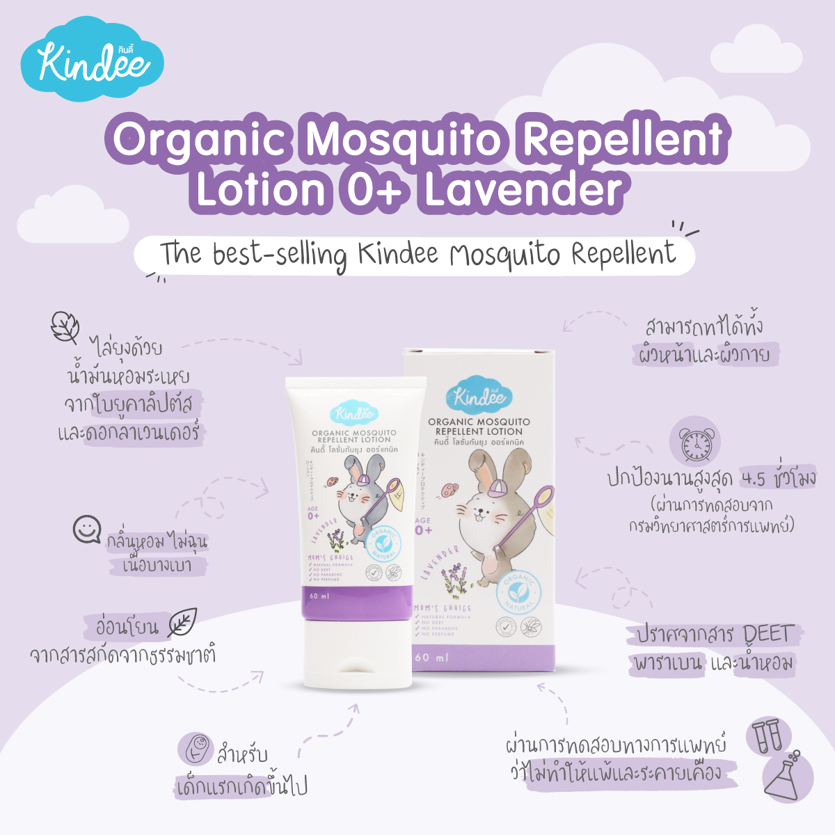 โลชั่นกันยุง ออร์แกนิค (Lavender) Kindee Organic Mosquito Repellent Lotion  (0m+) - mommories-store