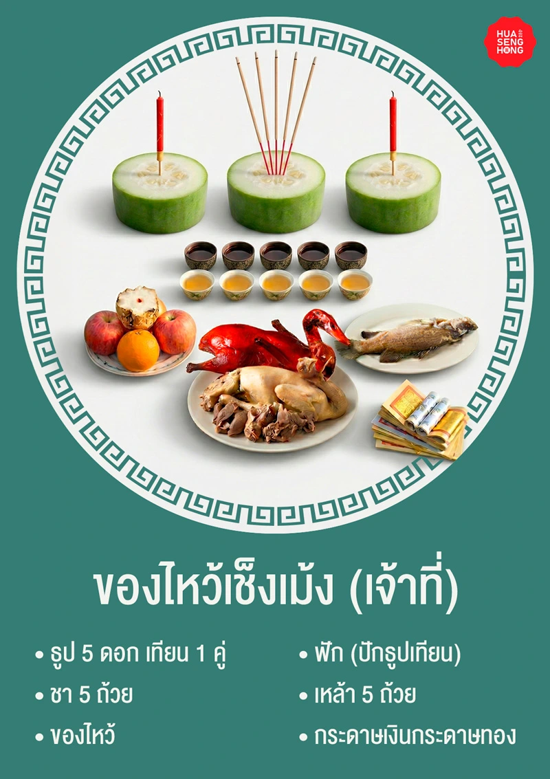 รายการของไหว้เจ้าที่วันเช็งเม้ง ประกอบด้วย ธูป 5 ดอก เทียนแดง 1 คู่ ฟักสำหรับปักธูป น้ำชาและเหล้าอย่างละ 5 ถ้วย พร้อมชุดซาแซและผลไม้มงคล