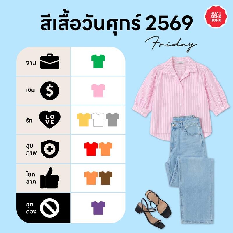 สีเสื้อมงคล 2569 วันศุกร์ เสริมงาน, เงิน, รัก, สุขภาพ, โชค และสีฉุดดวงมีสีอะไรบ้าง - ฮั่วเซ่งฮง