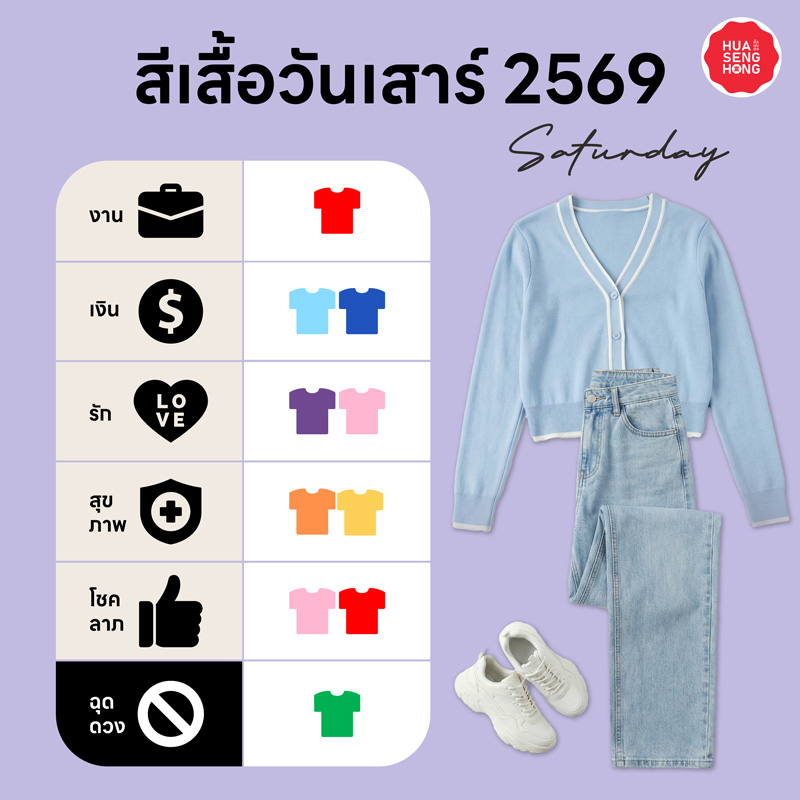 สีเสื้อมงคล 2569 วันเสาร์ เสริมงาน, เงิน, รัก, สุขภาพ, โชค และสีฉุดดวงมีสีอะไรบ้าง - ฮั่วเซ่งฮง