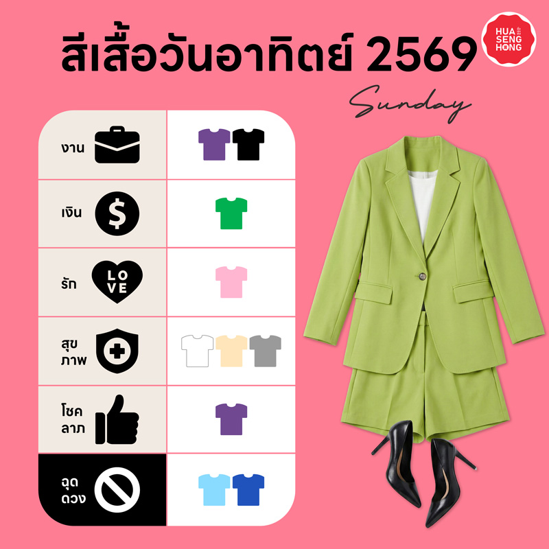 สีเสื้อมงคล 2569 วันอาทิตย์ เสริมงาน, เงิน, รัก, สุขภาพ, โชค และสีฉุดดวงมีสีอะไรบ้าง - ฮั่วเซ่งฮง
