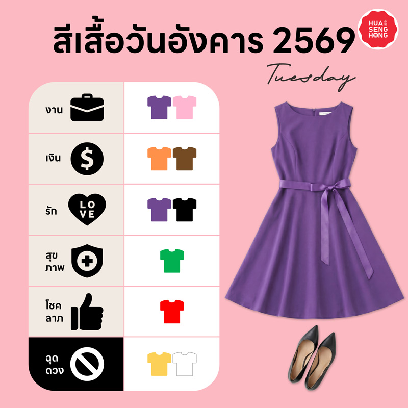 สีเสื้อมงคล 2569 วันอังคาร เสริมงาน, เงิน, รัก, สุขภาพ, โชค และสีฉุดดวงมีสีอะไรบ้าง - ฮั่วเซ่งฮง