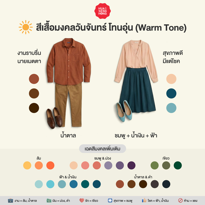 สีเสื้อมงคลวันจันทร์ 2569 สำหรับผิวโทนอุ่น Warm Tone - ฮั่วเซ่งฮง