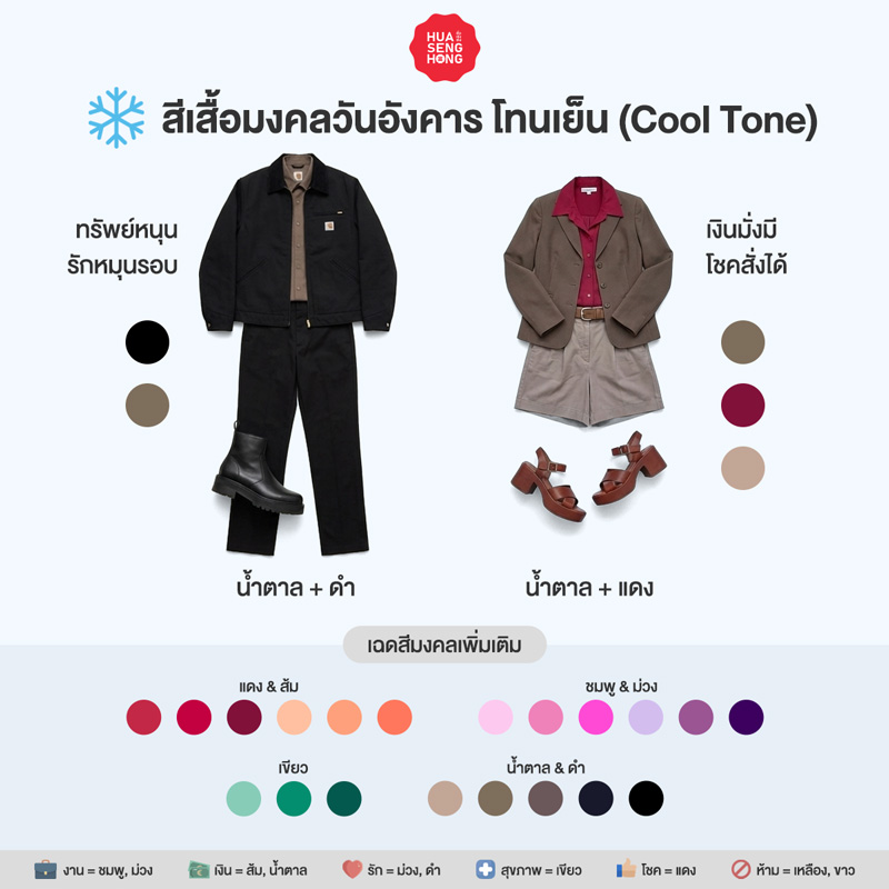 สีเสื้อมงคลอังคาร 2569 สำหรับผิวโทนเย็น Cool Tone - ฮั่วเซ่งฮง