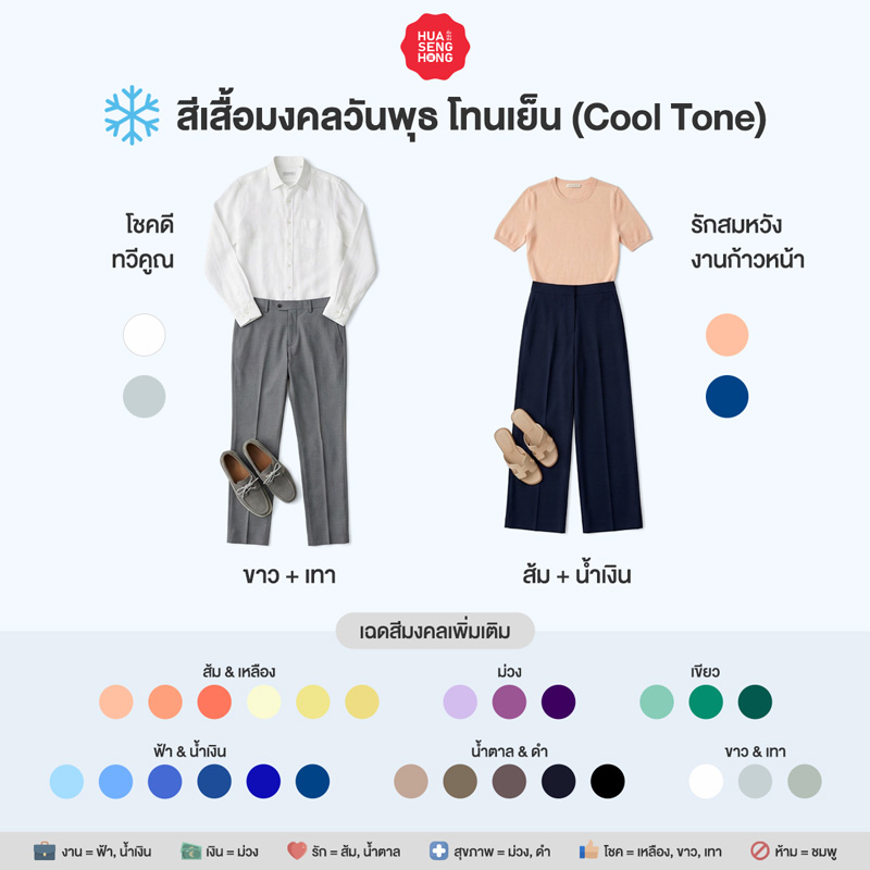 สีเสื้อมงคลวันพุธ 2569 สำหรับผิวโทนเย็น Cool Tone - ฮั่วเซ่งฮง