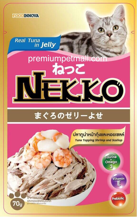อาหารแมวเน็กโกะ Nekko รสทูน่าหน้ากุ้งและหอยเชลล์ ขนาด 70 กรัม
