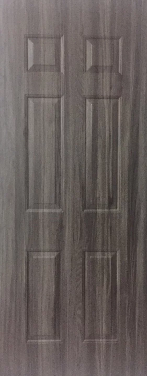 ประตู uPVC รุ่นภายใน EXTERA ลายไม้ สี Smoky Grey ลูกฟัก 6 ช่องตรง