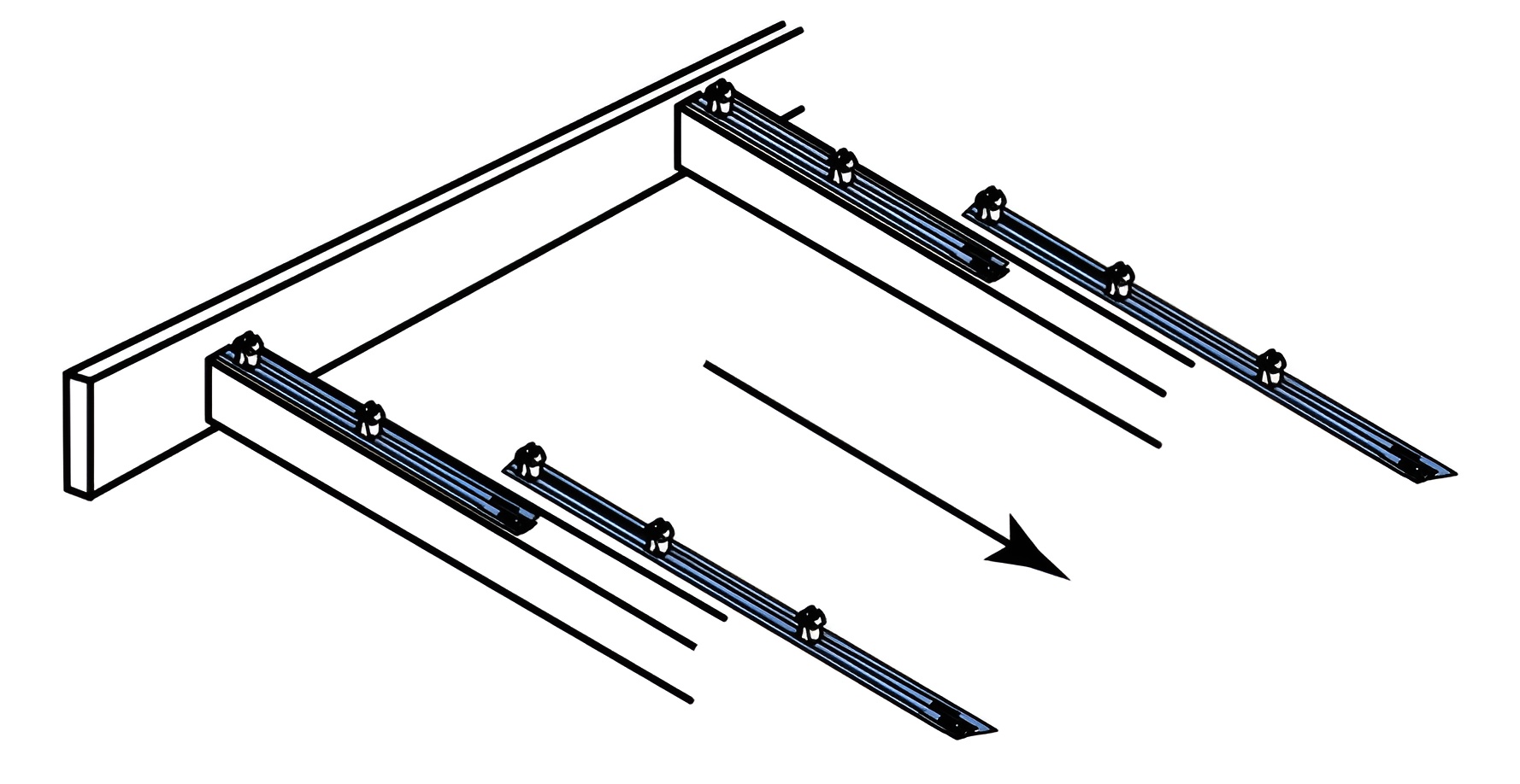 วางตำแหน่งคลิปแรกบนส่วนรองรับแต่ละอันโดยวางเข้าไปในส่วนรองรับใกล้ขอบหลังคาที่สุด วางตำแหน่งคลิปแรกบนส่วนรองรับแต่ละอันโดยวางเข้าไปในส่วนรองรับใกล้ขอบหลังคาที่สุด