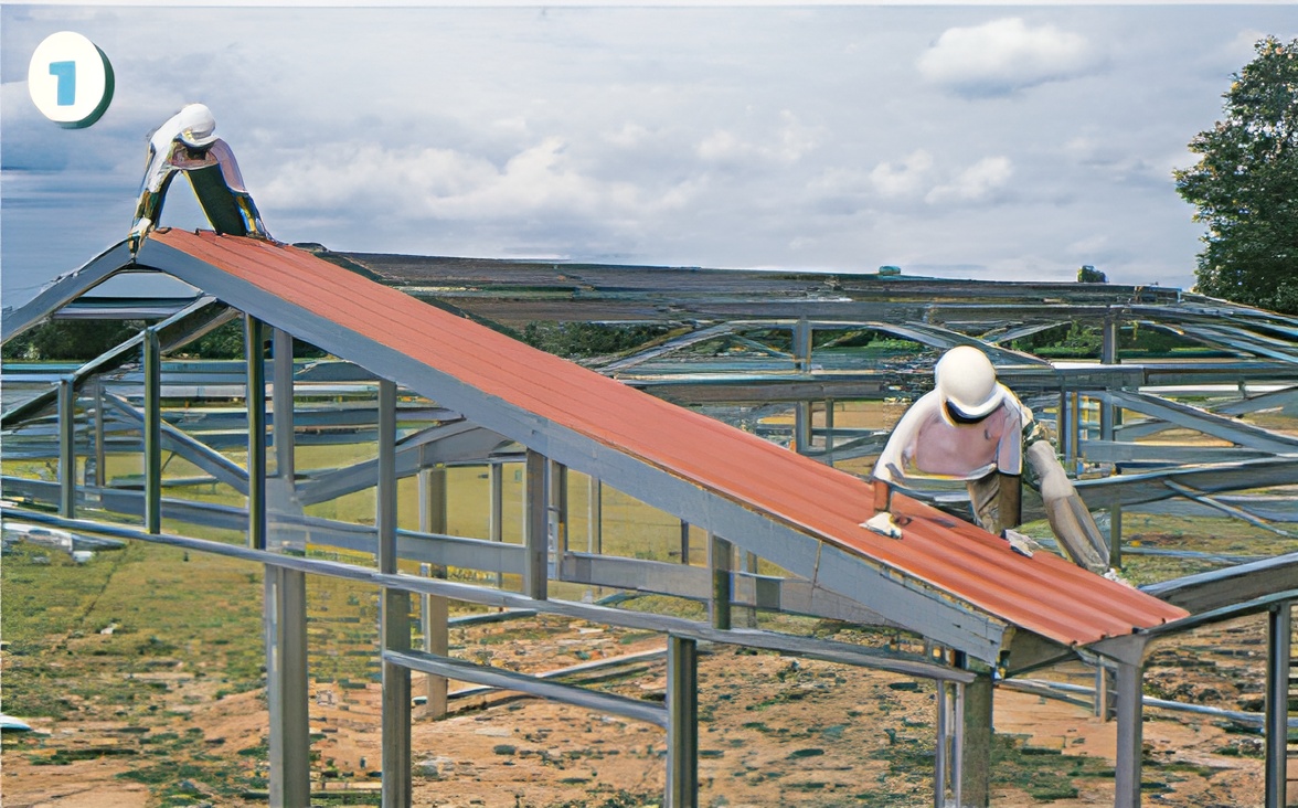 ขั้นตอนที่ 1 ติดตั้งแผ่นหลังคาแผ่นแรก โดยให้ลอนตัวเมียอยู่ติดหน้าจั่ว ขั้นตอนที่ 1 ติดตั้งแผ่นหลังคาแผ่นแรก โดยให้ลอนตัวเมียอยู่ติดหน้าจั่ว