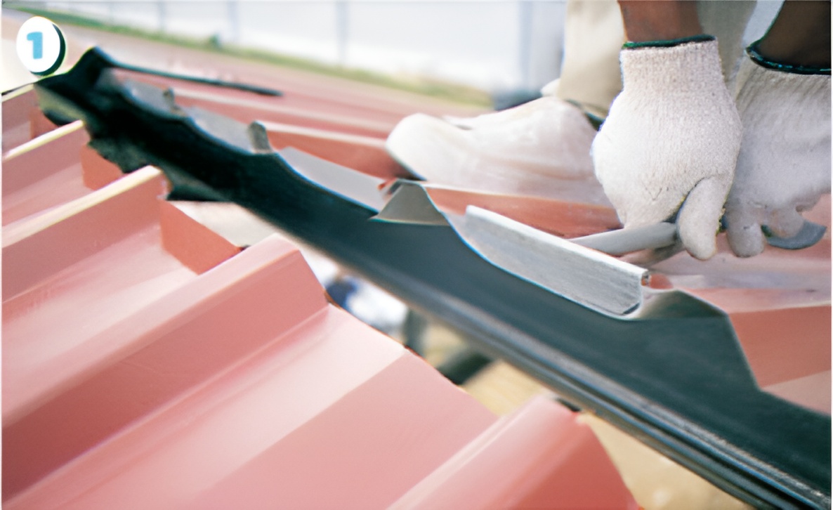 ขั้นตอนที่ 1 ก่อนทำการติดตั้งครอบสันหลังคาให้ใช้อุปกรณ์พับขึ้น พับปลายแผ่นหลังคาทั้งสองข้าง และติดตั้ง Filler Strip (เพื่อกันน้ำย้อน) ที่ปลายแผ่นด้านบน ขั้นตอนที่ 1 ก่อนทำการติดตั้งครอบสันหลังคาให้ใช้อุปกรณ์พับขึ้น พับปลายแผ่นหลังคาทั้งสองข้าง และติดตั้ง Filler Strip (เพื่อกันน้ำย้อน) ที่ปลายแผ่นด้านบน