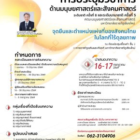 ประชาสัมพันธ์ การประชุมวิชาการระดับชาติ ครั้งที่ 8 และระดับนานาชาติ ครั้งที่ 5 หัวข้อ จุดยืนและตำแหน่งแห่งที่ของสังคมไทยโลกที่ไร้ดุลภาพ