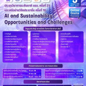 ประชาสัมพันธ์ การเข้าร่วมนำเสนอผลงานวิจัยในงานประชุมวิชาการระดับชาติ มธบ. ครั้งที่ 21 และ เครือข่ายวิจัยประชาชื่น ครั้งที่ 10 ในหัวข้อ  "AI and Sustainability: Opportunities and Challenges"