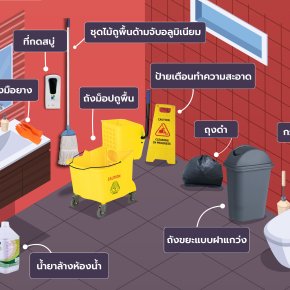 อุปกรณ์และวัสดุทำความสะอาดที่จำเป็นสำหรับห้องน้ำ