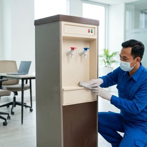 Teknisi profesional membersihkan dan merawat dispenser classic di kantor — layanan sanitasi dispenser PT Baja Putih