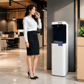 Karyawati kantor minum air putih di samping dispenser galon bawah PT Baja Putih