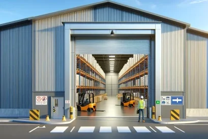 คลังสินค้าพร้อมประตูปิด_รถยก_และพนักงาน