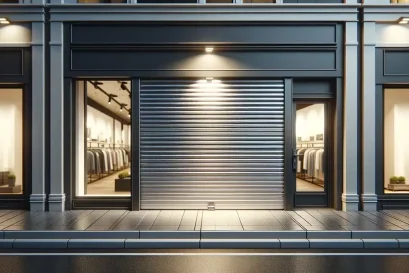 ภาพหน้าร้านเสื้อผ้ากับประตูม้วนเหล็กครึ่งหนึ่ง