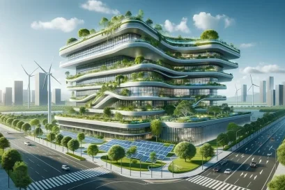 อาคารสีเขียวมีสวนและกังหันลม