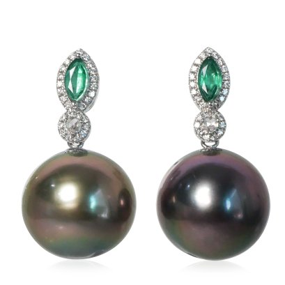 (GIA) ต่างหูทองแท้มรกตมาคีล้อมเพชร ห้อยไข่มุก Tahitian Pearl