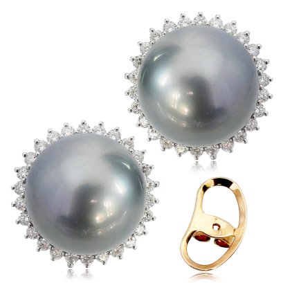 (GIA) ต่างหูไข่มุก Tahitian Pearl ล้อมเพชรแท้