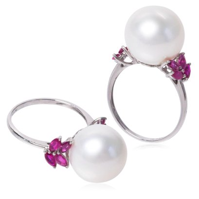 (GIA) แหวนทองแท้ ประดับทับทิม ไข่มุก South Sea Pearl