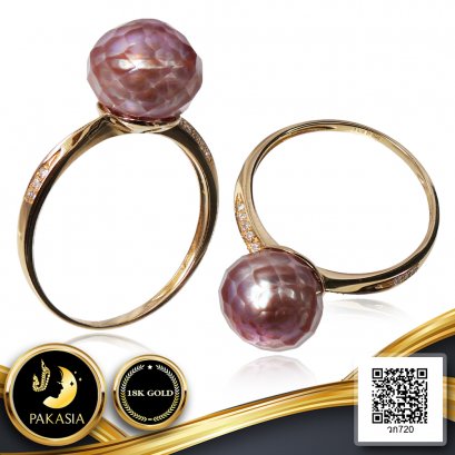 แหวนทองแท้ไข่มุก Hanashinju เม็ดเดี่ยว บ่าเกลียวประดับเพชรแท้ จากบริษัท Komatsu, Japan / 30.9.65
