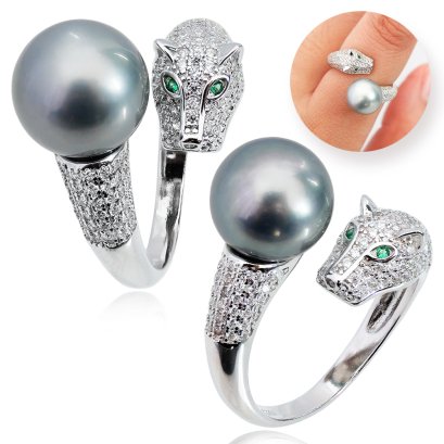 แหวน Open Ring หัวเสือประดับเพชร ไข่มุก Tahitian Pearl