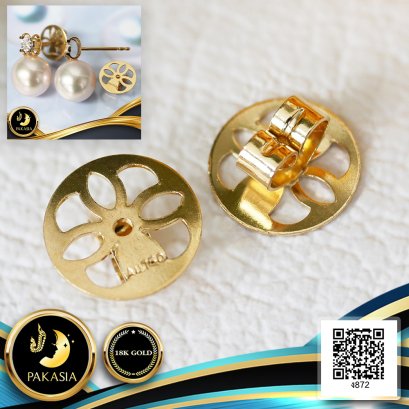 อะไหล่ตัวเรือนทับหลังต่างหูจานกลมฉลุลายดอกไม้ ทองแท้ 18K  น้ำหนักทอง 0.53 g/คู่  ขนาด 7.5 mm