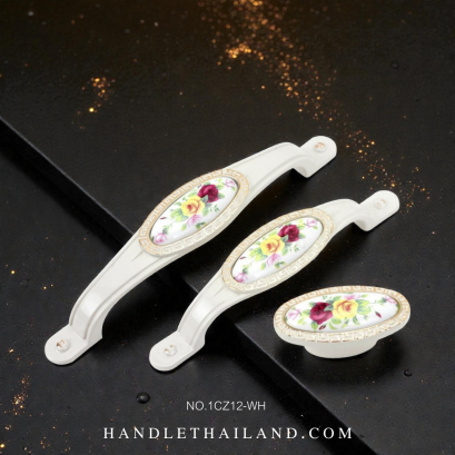 เซ็ทมือจับ ปุ่มจับ วินเทจ (เซรามิก) สีขาวลายดอกไม้ size 96,128 mm. 1CZ12-WH