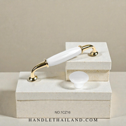 เซ็ทมือจับ ปุ่มจับ (เซรามิค) สีขาว-ทอง 1CZ16WHG-1PS01