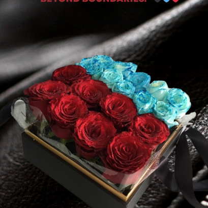 Le Floriste luxury red and blue rose box for LGBTQ Valentine's gift Bangkok, modern masculinity flower design, beyond tradition concept.