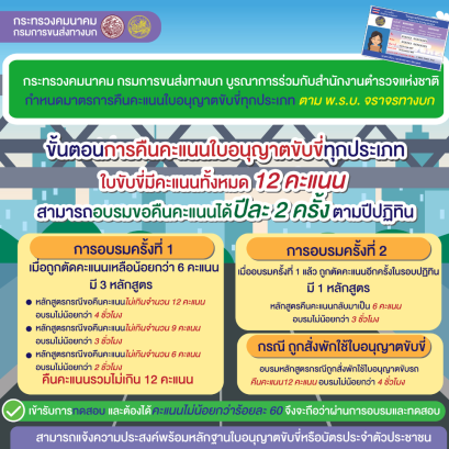 กรมการขนส่งทางบก ร่วมกับสำนักงานตำรวจแห่งชาติ  กำหนดมาตรการคืนคะแนนใบอนุญาตขับขี่ทุกประเภท