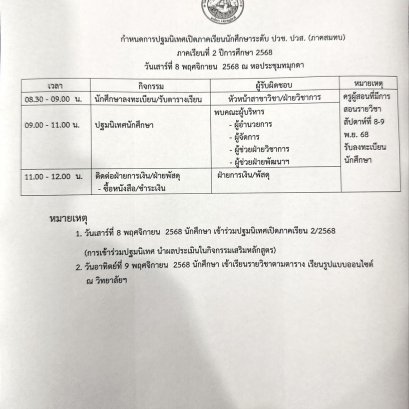 กำหนดการปฐมนิเทศ และกำหนดการเปิดภาคเรียนที่ 2/2568 ภาคสมทบ