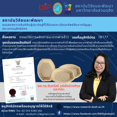 สถาบันวิจัยเเละพัฒนา มหาวิทยาลัยสวนดุสิต ขอแสดงความยินดีกับ ผศ.ดร.จันทรัสจ์ วุฒิสัตย์วงศ์กุลและคณะ