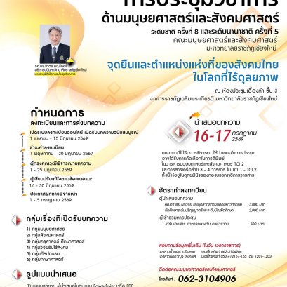 ประชาสัมพันธ์ การประชุมวิชาการระดับชาติ ครั้งที่ 8 และระดับนานาชาติ ครั้งที่ 5 หัวข้อ จุดยืนและตำแหน่งแห่งที่ของสังคมไทยโลกที่ไร้ดุลภาพ
