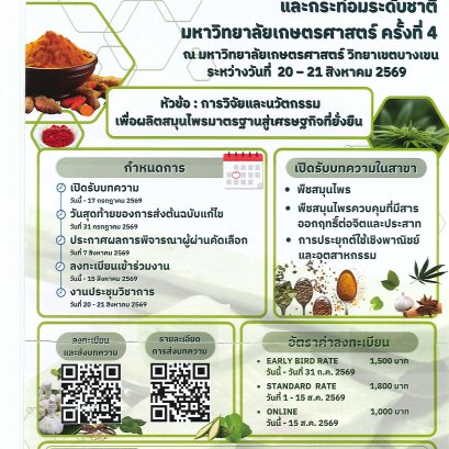 ประชาสัมพันธ์ งานประชุมวิชาการพืชสมุนไพร กัญชา กัญชง และกระท่อม ระดับชาติ มหาวิทยาลัยเกษตรศาสตร์ ครั้งที่ 4
