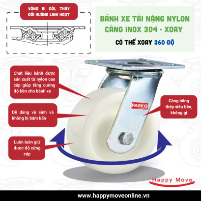 Bánh Xe Nylon Inox 304 càng thép không gỉ - Bền Bỉ Cho Môi Trường Khắc Nghiệt
