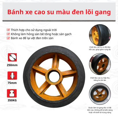 Giới thiệu bánh xe cao su màu đen lõi gang, kích thước 250x75mm - Pareo