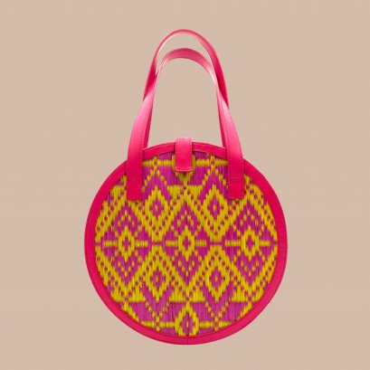 The Femi Circle Tote Bag - Natural Sedge Material- Khit Pink & Yellow
