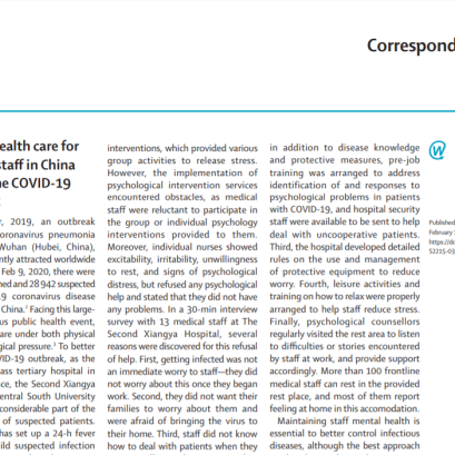 Mental health care for medical staff in China during the COVID-19 outbreak