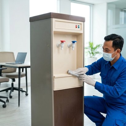 Teknisi profesional membersihkan dan merawat dispenser classic di kantor — layanan sanitasi dispenser PT Baja Putih