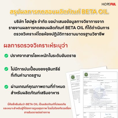 รายงานผลการตรวจวิเคราะห์คุณภาพ เบต้าออยล์ จากห้องปฏิบัติการ กรมวิทยาศาสตร์การแพทย์